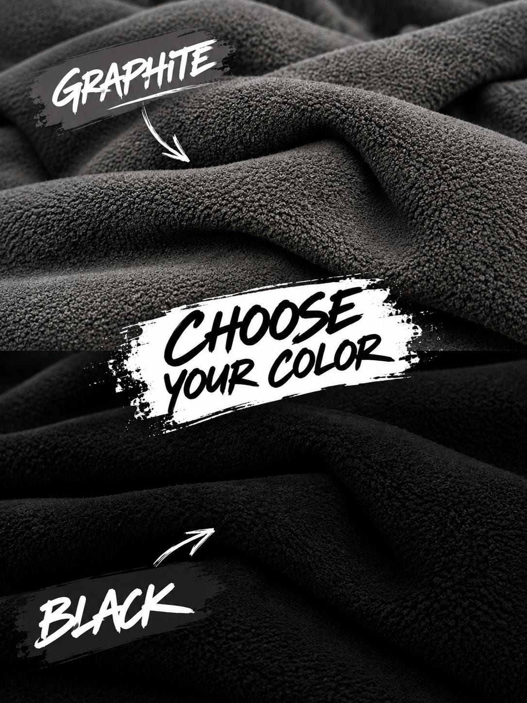 Color options chart showing graphite gray and black fleece fabric swatches for cat ear ski hood
