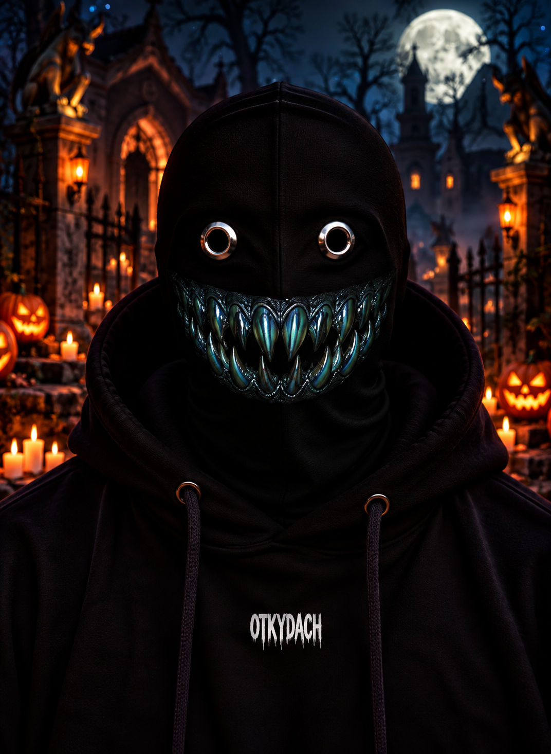 A person wearing a black hooded mask with eye holes and a row of metallic bronze teeth, photographed outdoors at night in a Halloween-lit cemetery. The hoodie has the word 'OTKYDACH' printed in white on the chest.