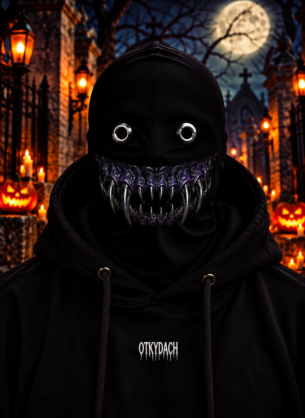 A person wearing a black hooded mask with eye holes and a pair of dark midnight-blue fangs, photographed outdoors at night in a Halloween-lit cemetery. The hoodie has the word 'OTKYDACH' printed in white on the chest.