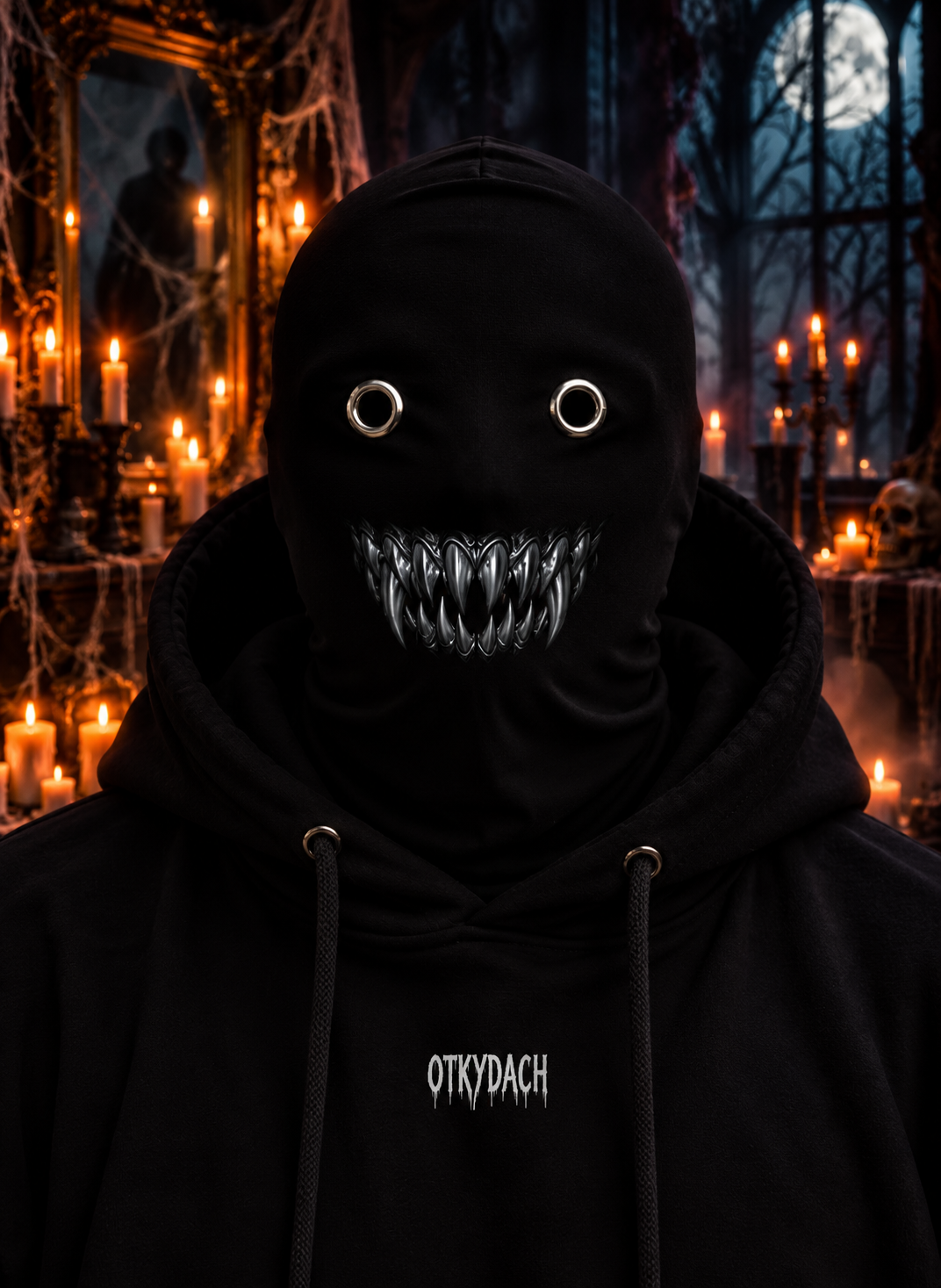 A person wearing a black hooded mask with eye holes and a row of monster-yellow teeth, photographed outdoors at night in a Halloween-lit cemetery. The hoodie has the word 'OTKYDACH' printed in white on the chest.