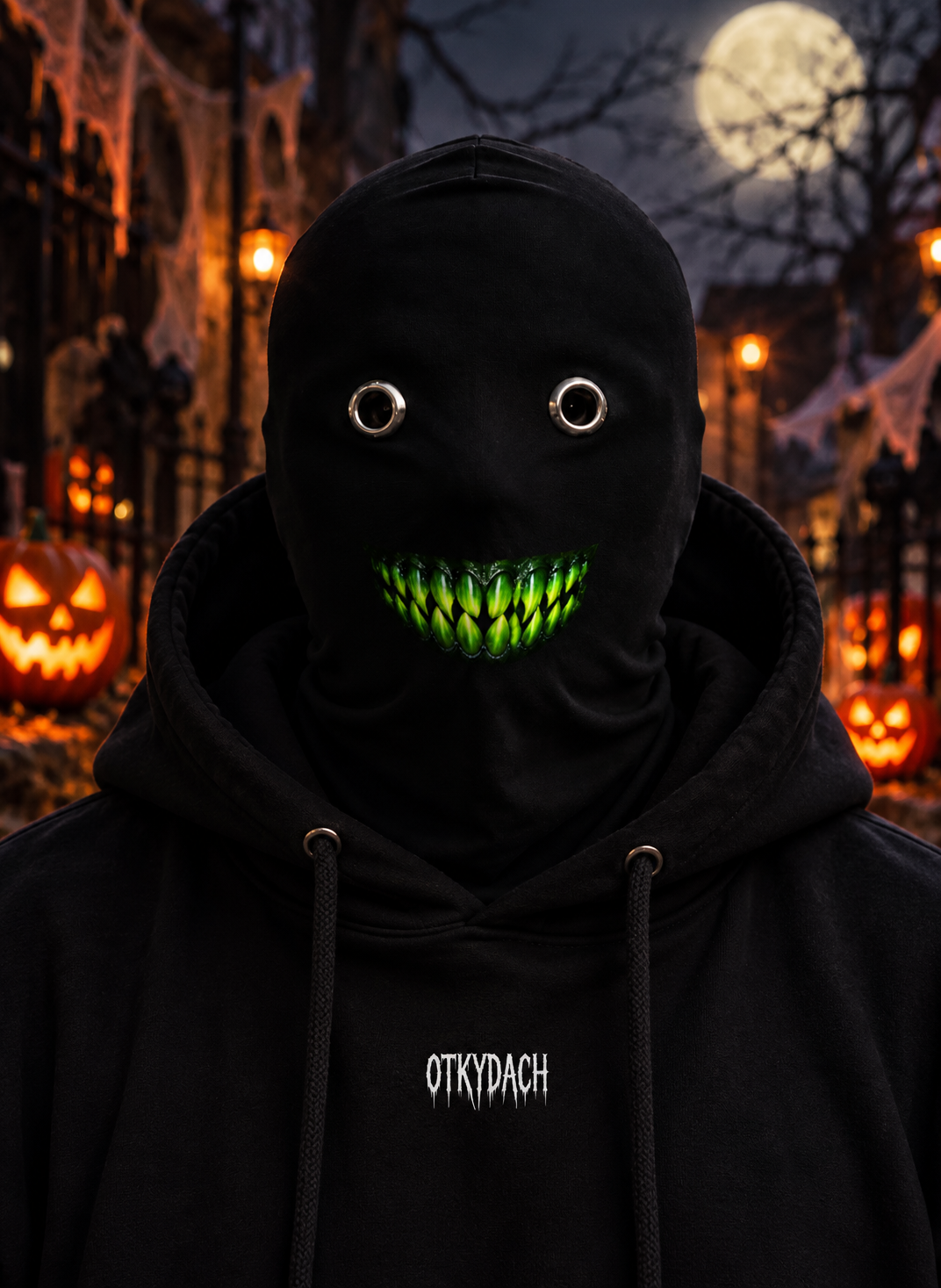 A person wearing a black hooded mask with eye holes and a row of neon-green glowing teeth, photographed outdoors at night in a Halloween-lit cemetery. The hoodie has the word 'OTKYDACH' printed in white on the chest.