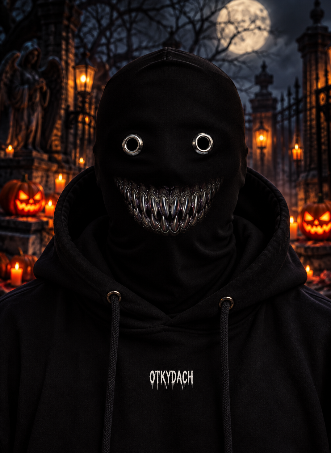 A person wearing a black hooded mask with eye holes and a row of small iridescent sharp teeth, photographed outdoors at night in a Halloween-lit cemetery. The hoodie has the word 'OTKYDACH' printed in white on the chest.