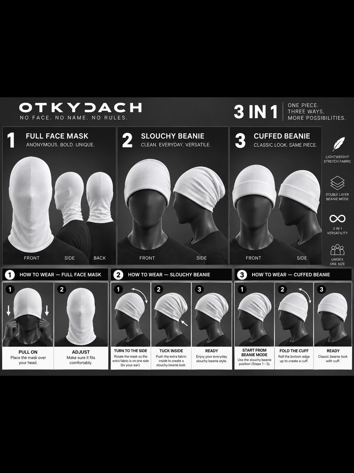 How to wear OTKYDACH 3-in-1 balaclava as a full face mask or beanie