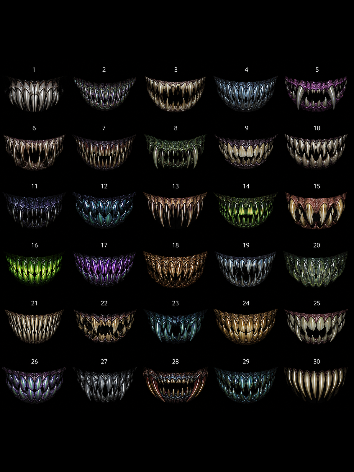 A grid of 30 numbered monster-style tooth grins on a black background, each shown in a different color or finish. This appears to be a color/variant reference image rather than a single product photo, so the best subject_type is Color Swatch.