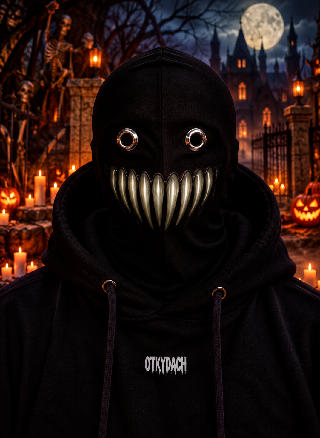 A person wearing a black hooded mask with eye holes and a row of predator-like golden teeth, photographed outdoors at night in a Halloween-lit cemetery. The hoodie has the word 'OTKYDACH' printed in white on the chest.