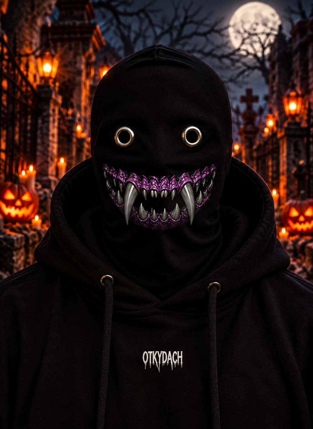 A person wearing a black hooded mask with eye holes and big white vampire fangs over a magenta-purple grin, photographed outdoors at night in a Halloween-lit cemetery. The hoodie has the word 'OTKYDACH' printed in white on the chest.