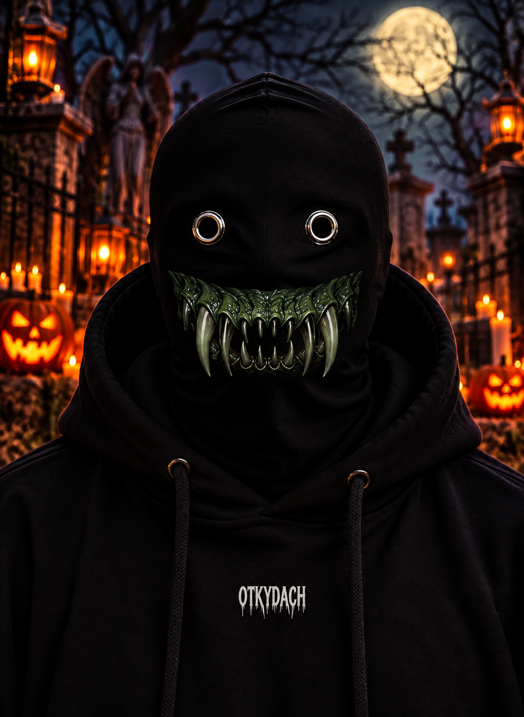 A person wearing a black hooded mask with eye holes and a pair of green reptilian fangs, photographed outdoors at night in a Halloween-lit cemetery. The hoodie has the word 'OTKYDACH' printed in white on the chest.