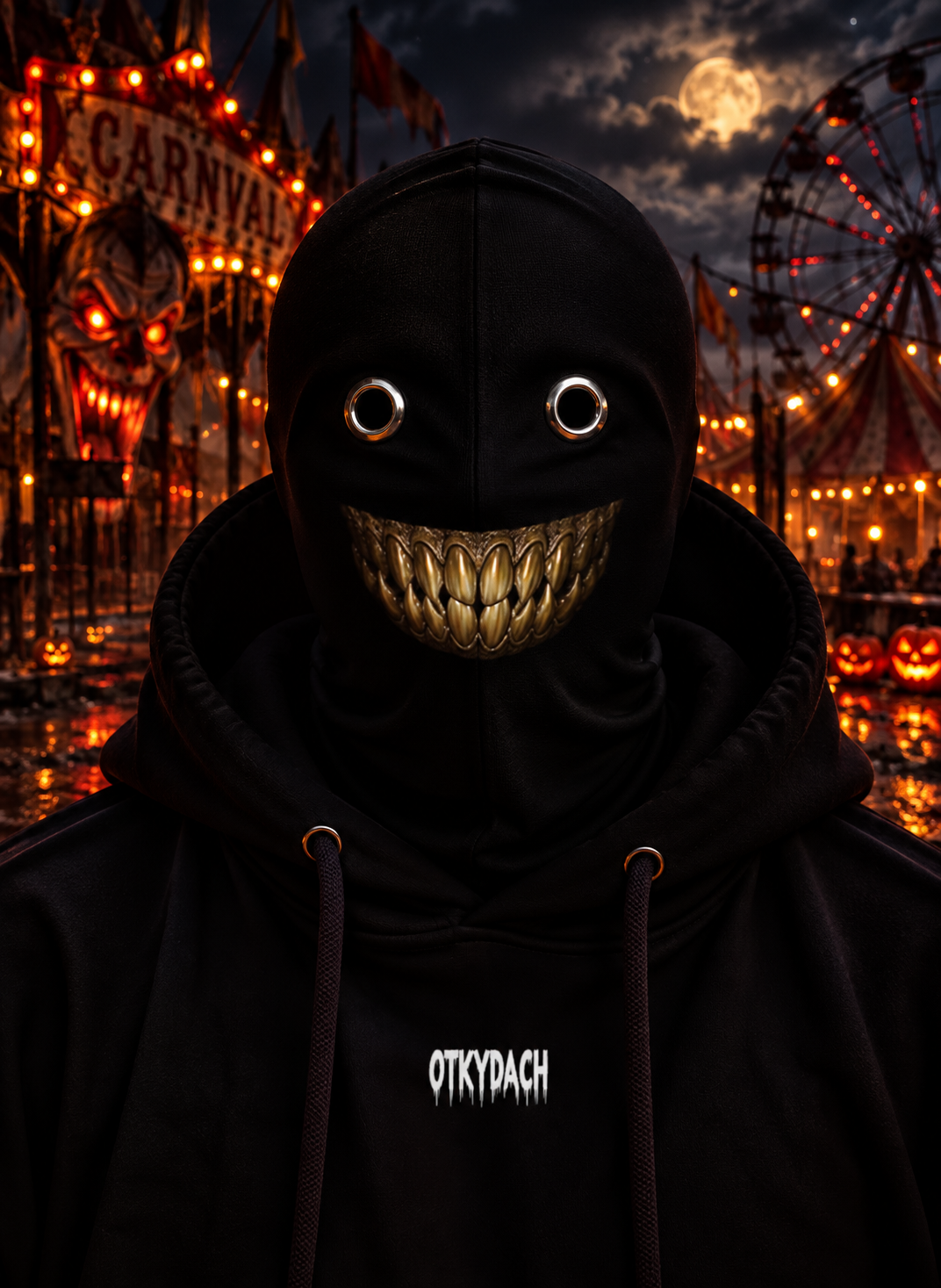 A person wearing a black hooded mask with eye holes and a row of rusty-orange teeth, photographed outdoors at night in a Halloween-lit cemetery. The hoodie has the word 'OTKYDACH' printed in white on the chest.