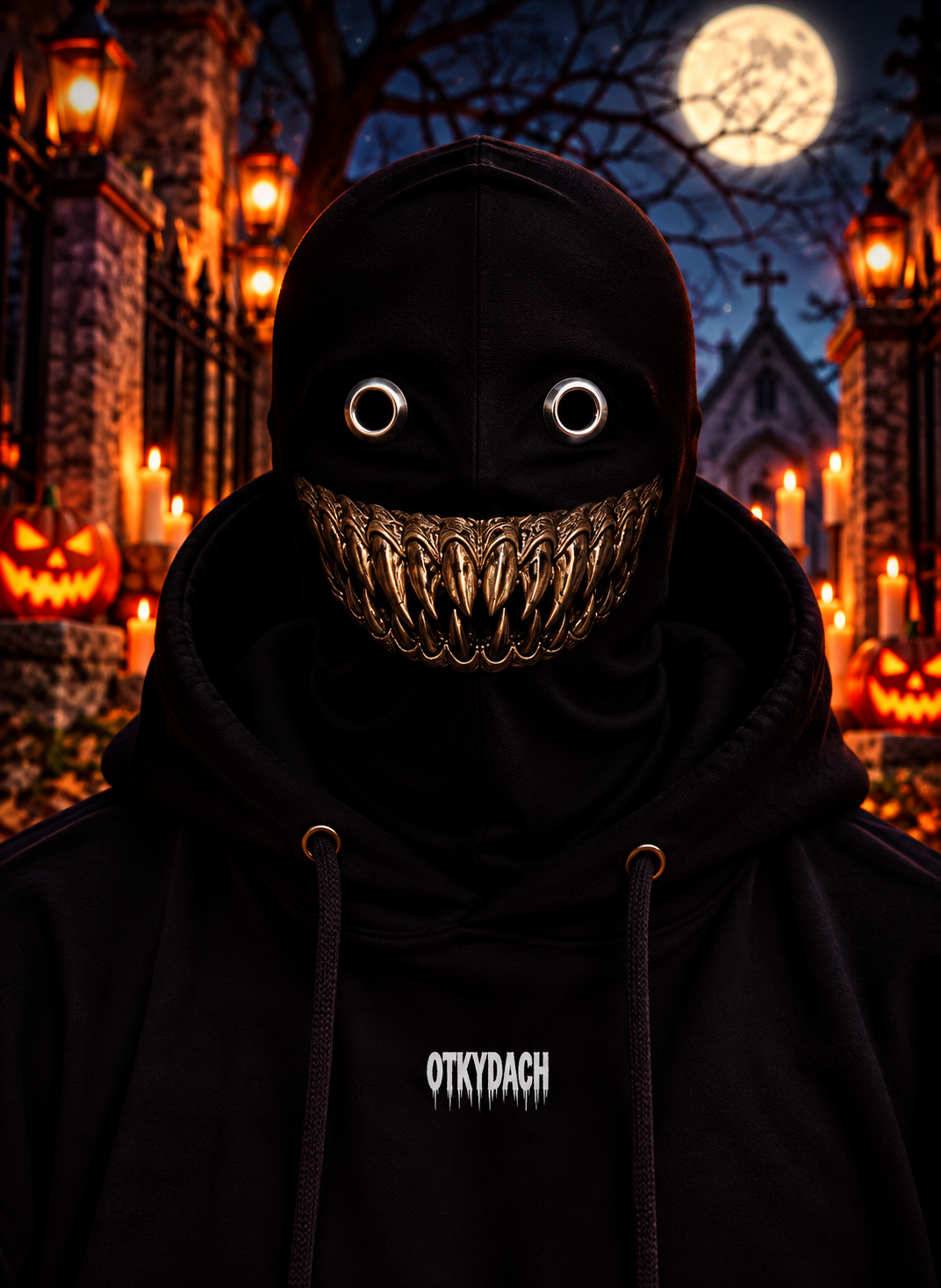 A person wearing a black hooded mask with eye holes and a pair of silver chrome fangs, photographed outdoors at night in a Halloween-lit cemetery. The hoodie has the word 'OTKYDACH' printed in white on the chest.