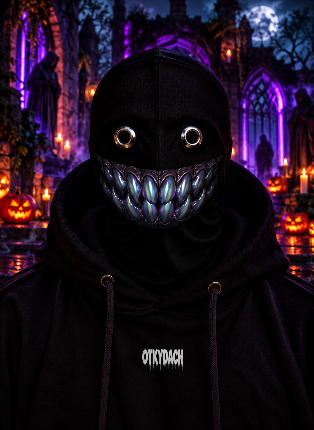 A person wearing a black hooded mask with eye holes and a row of silver-grey shredding teeth, photographed outdoors at night in a Halloween-lit cemetery. The hoodie has the word 'OTKYDACH' printed in white on the chest.