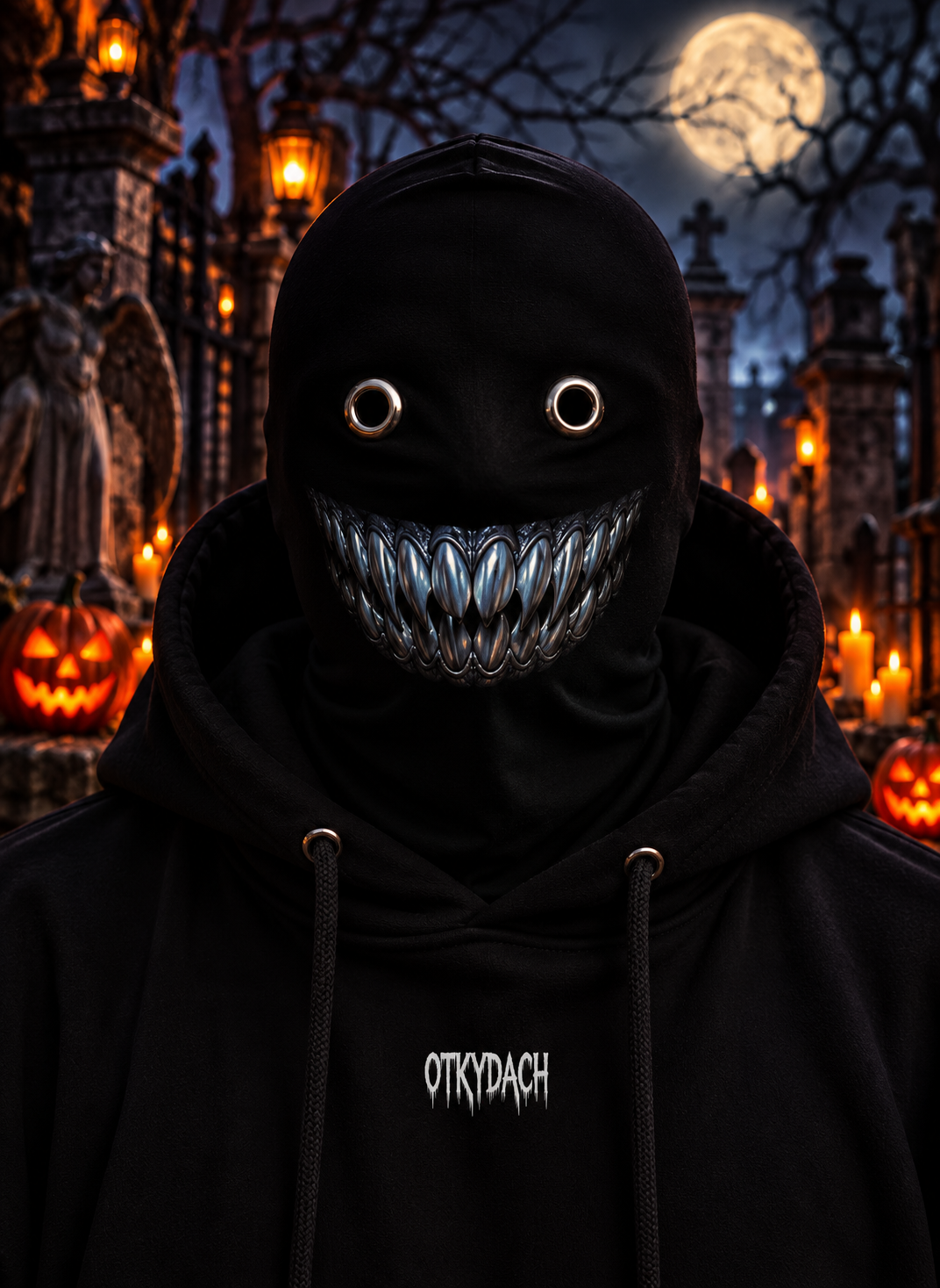 A person wearing a black hooded mask with eye holes and a row of steel-blue metallic teeth, photographed outdoors at night in a Halloween-lit cemetery. The hoodie has the word 'OTKYDACH' printed in white on the chest.