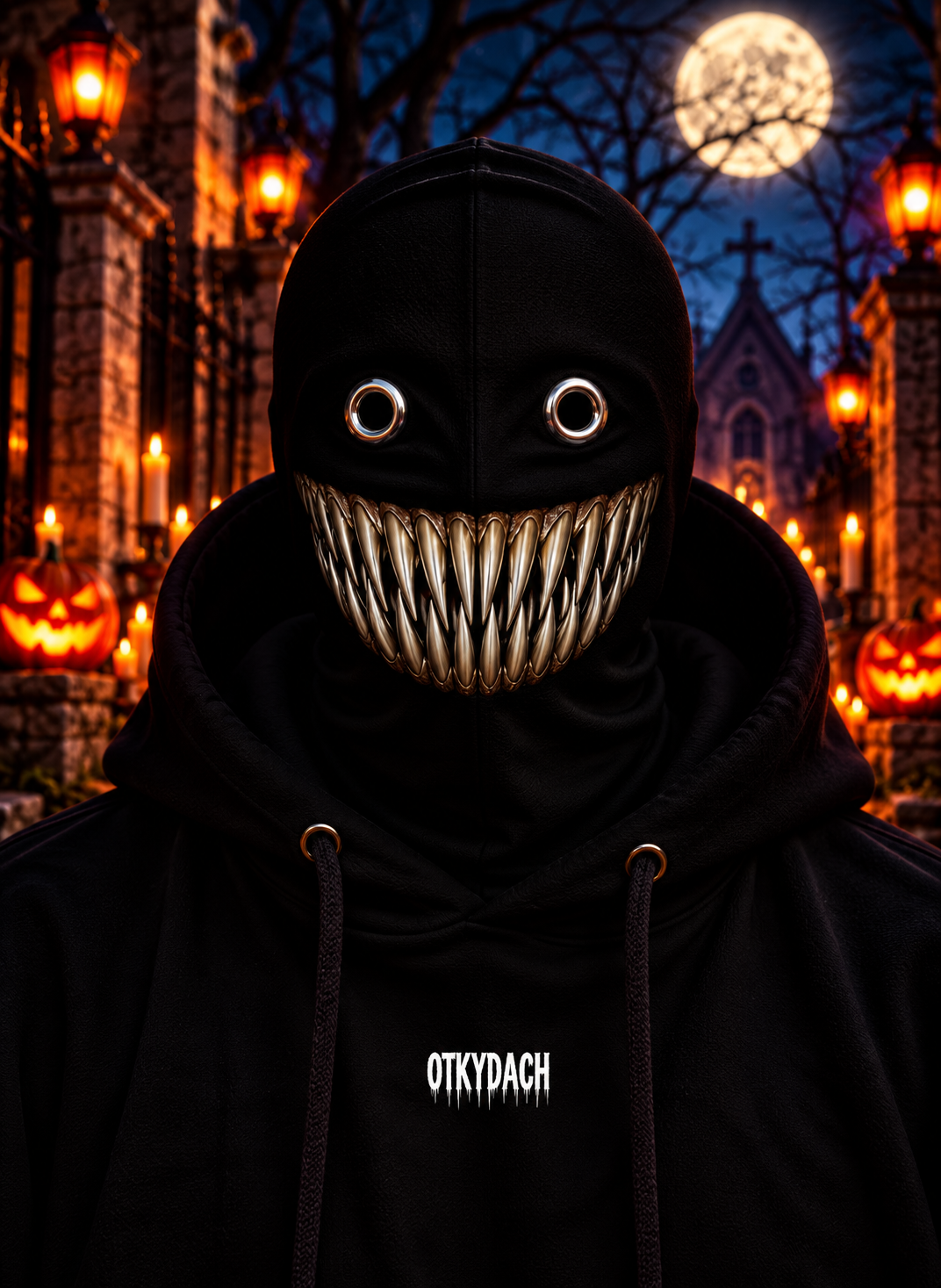 A person wearing a black hooded mask with eye holes and a pair of steel-grey vampire fangs, photographed outdoors at night in a Halloween-lit cemetery. The hoodie has the word 'OTKYDACH' printed in white on the chest.