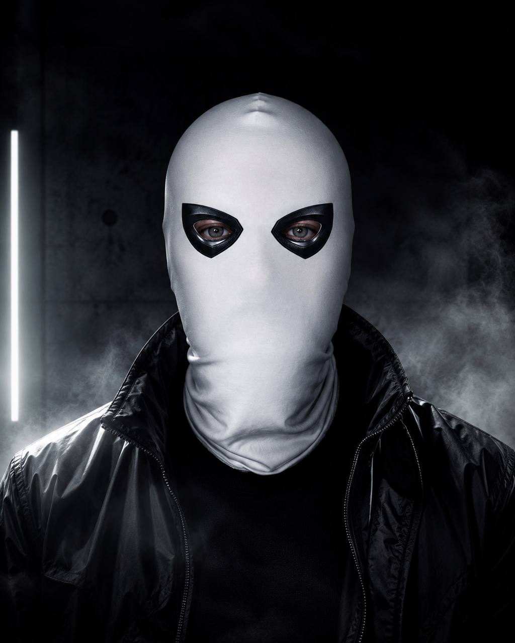 White balaclava with black eye frames worn by model in cinematic studio