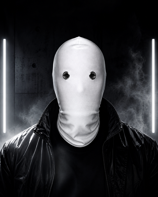 White balaclava with metal eyelets worn by model in cinematic studio